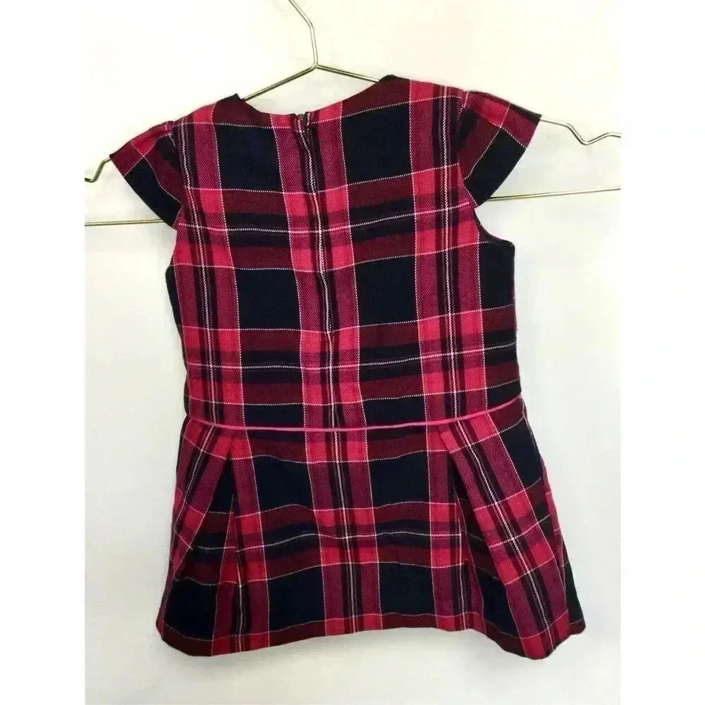 Nautica Baby Pink Black Plaid Cap Sleeve Pleated Lined Bow Sheath Dress Size 18M